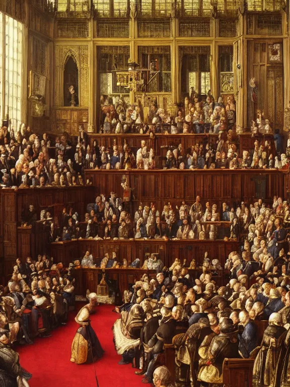 Prompt: “ a debate in house of lords by andrew carrick gow, 1 6 th century, medieval, tudor, oil on canvas, highly detailed, artstation hd ”