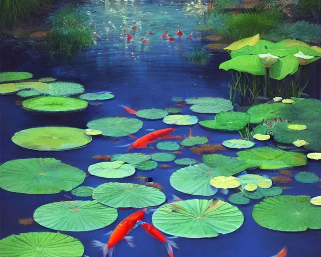 Prompt: koi pond, lotus flowers, dark blue water, green lily pads, goldfish, a fantasy painting by makoto shinkai and James Gurney, trending on artstation