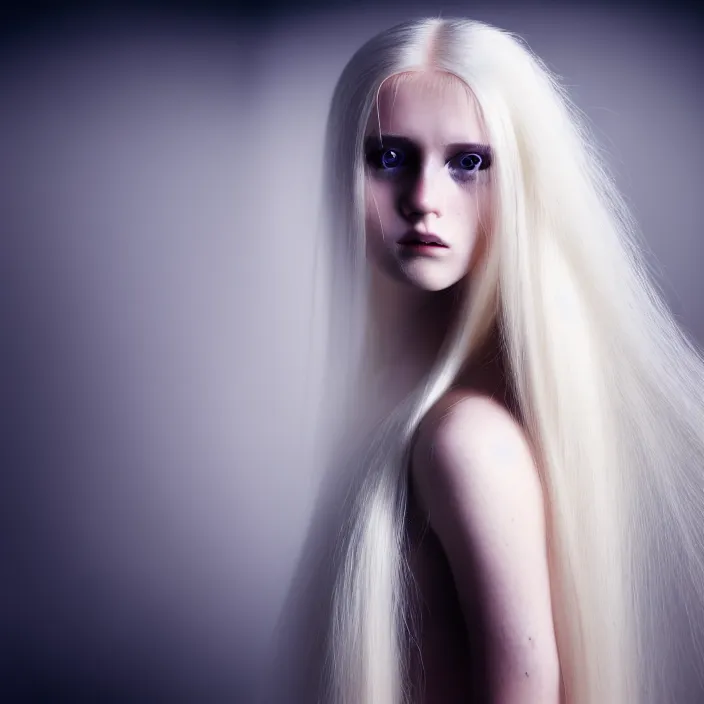 Prompt: a young woman with long blond hair dressed in white, fine art photography light painting in style of Paolo Roversi, professional studio lighting, dark blur background, hyper realistic photography, fashion magazine style