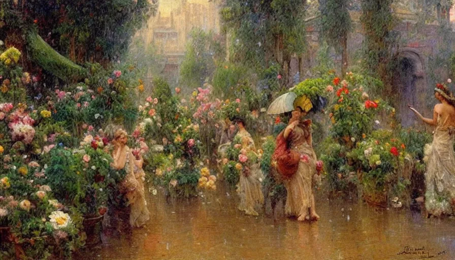 Image similar to city full of flowers, plant and trees, during heavy rain, in the style of Gaston Bussière, Art Nouveau