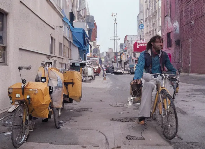 Prompt: First image from Wes Anderson's new film Transit, starring Emile Hirsch. Cinematography by Robert Yeoman, shot on Kodak Vision 200T. 8k print.