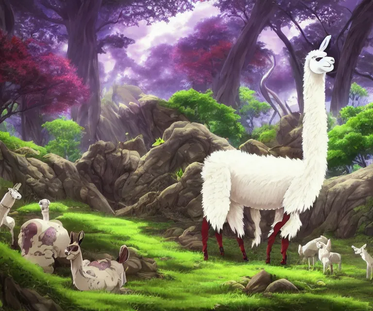 Prompt: llama in a forest, anime fantasy illustration by tomoyuki yamasaki, kyoto studio, madhouse, ufotable, comixwave films, trending on artstation