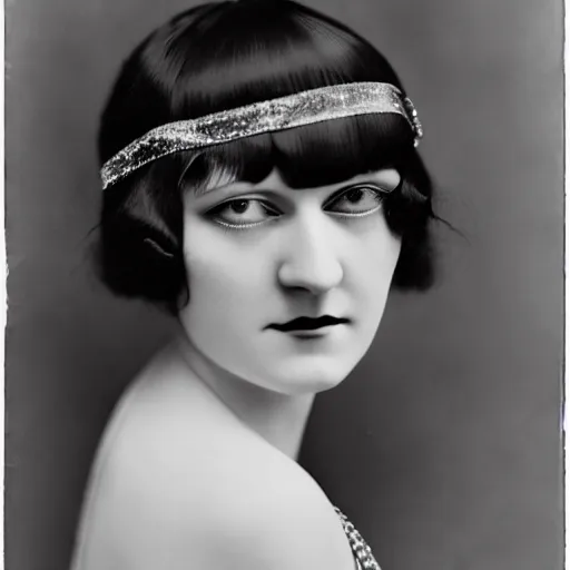 Image similar to photograph of a woman wearing flapper fashion, 1 9 2 0's, looking at the camera, aesthetic, elaborate, intricate, highly detailed, detailed face, photorealism, smooth, sharp focus, rim light, art by man ray,