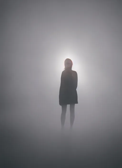 Image similar to a female silhouette, bright glowing translucent aura, fog, film grain, cinematic lighting