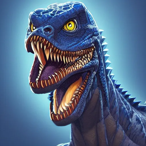 Image similar to portrait of an antropomorphic raptor creature, reptile face, dark blue scales, angry look, ready for battle, mattepainting concept blizzard pixar maya engine on cold night stylized background splash comics global illumination lighting artstation lois van baarle, ilya kuvshinov, rossdraws