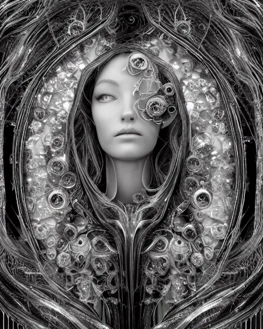 Image similar to mythical dreamy black and white organic bio - mechanical spinal ribbed profile face portrait detail of translucent steampunk beautiful female angelic - human - queen - vegetal - cyborg, highly detailed, intricate crystal ivy jelly ornate, poetic, translucent roses ornate, 3 d render, digital art, octane render, 8 k artistic photography, photo - realistic, by dora maar