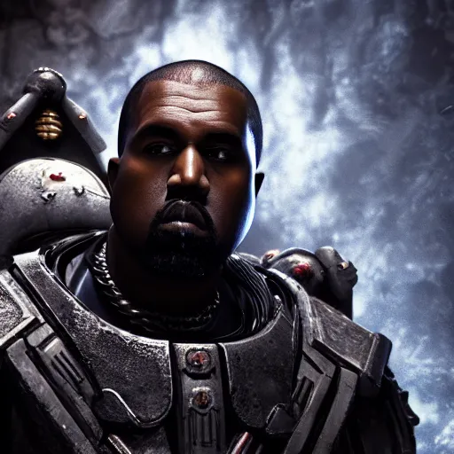 Image similar to Kanye West as the emperor of humanity from warhammer 40k in Gears of War, splash art, movie still, cinematic lighting, dramatic, octane render, long lens, shallow depth of field, bokeh, anamorphic lens flare, 8k, hyper detailed, 35mm film grain