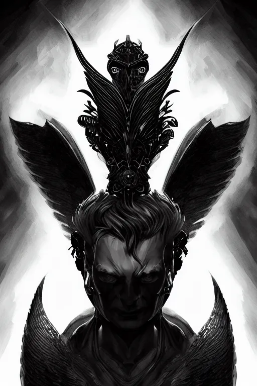 Image similar to a portrait of the archangel lucifer, grim - lighting, high - contrast, intricate, elegant, highly detailed, digital painting, artstation, concept art, smooth, sharp focus, illustration