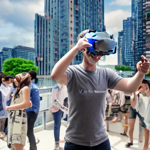 Image similar to anime Mark Zuckerberg smiling dancing with vr headset on while people cheer and cry, in rooftop bar, photo by Mann, detailed, 4k, beautiful