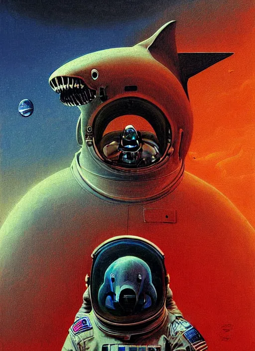 Prompt: digital painting, full body astronaut shark head shark astronaut without helmet in space, beksinski,