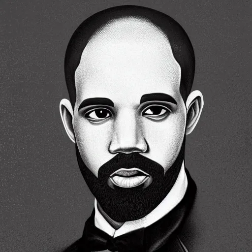 Prompt: monochrome head portrait of drake wearing a black suit and a monocle with a serious expression on his face, black background, 8 k, very intricate, very detailed,