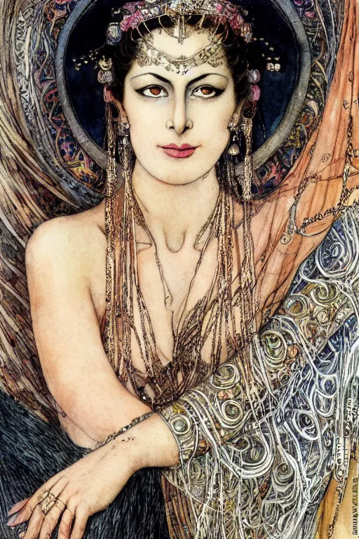 Image similar to detailed portrait of mata hari closeup face surrounded by swirling sari fabric frame, art by luis royo and walter crane and kay nielsen, watercolor illustration, sharp focus