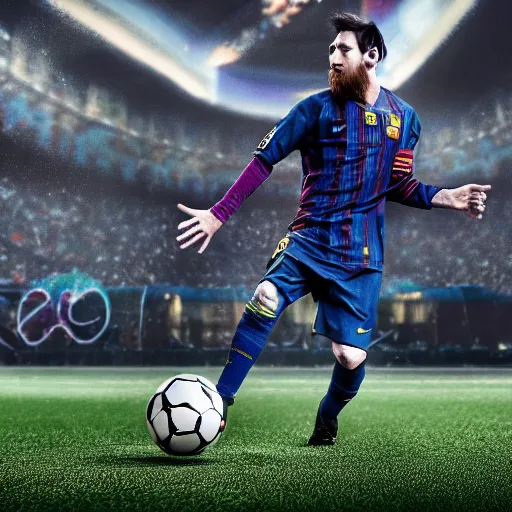 Image similar to messi playing soccer, cyberpunk aesthetic, 4 k, high - res, highly - detailed