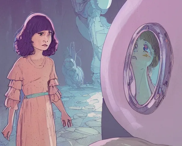 Prompt: a cell shaded cartoon of a girl in dress looking at the mirror to another world dimension, illustration, subtle colors, post grunge, concept art by josan gonzales and wlop, by james jean, victo ngai, david rubin, mike mignola, laurie greasley, highly detailed, sharp focus, alien, trending on artstation, hq, deviantart, art by artgem