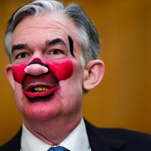 Image similar to Jerome Powell with colorful clown makeup all over his face