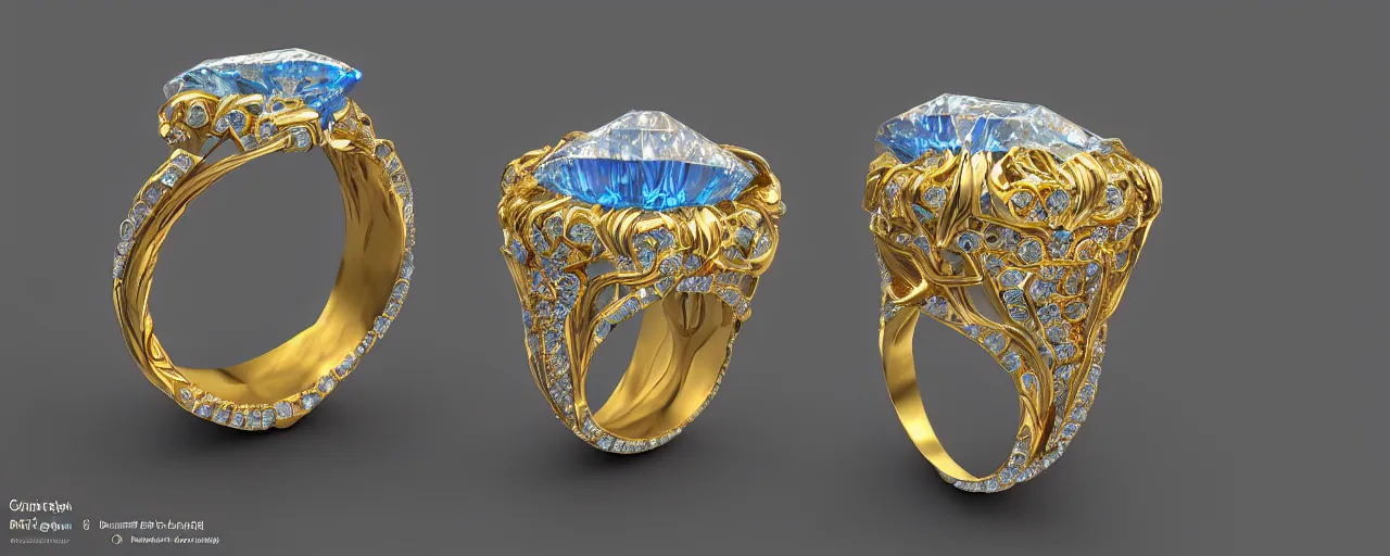 Image similar to simple golden magic crystal ring, radiant cut, ice, blue, gold, smooth shank, crystal, engravings, diamonds, product design, jewelry, colorful, art by gerald brom, greg rutkowski and artgerm, photo realism, unreal engine, c 4 d