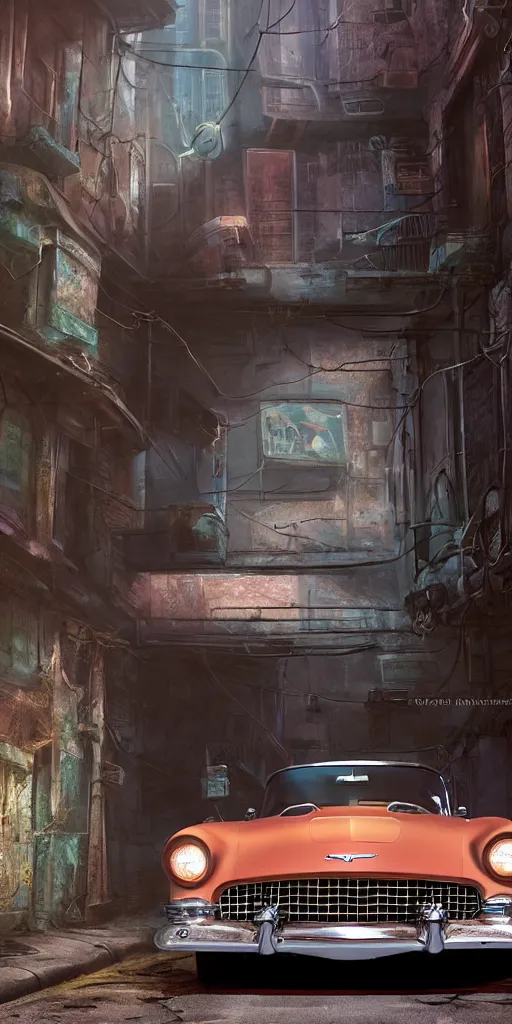 Image similar to a wholesome animation key shot of a focused old 1955 Ford Thunderbird car parked in an abandoned alleyway, medium shot, waist up, studio Ghibli, Pixar and Disney animation, sharp, very detailed, high resolution, Rendered in Unreal Engine 5, anime key art by Greg Rutkowski, Bloom, dramatic lighting