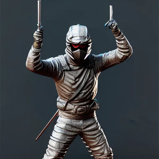 Prompt: 3 d octane rendering, chrome statue of ninja wearing full face mask and hunter hat, vfx art, detailed, smooth, pinterest, unreal engine, behance, technological, octane render, all chrome