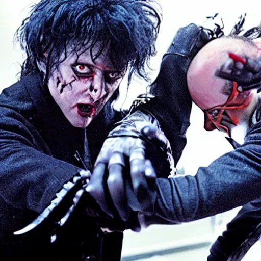 Image similar to Wdward Scissor-hands battling with Freddie Kreuger, cinematic hollywood action sequence, movie-still, gritty-thriller-action-horror