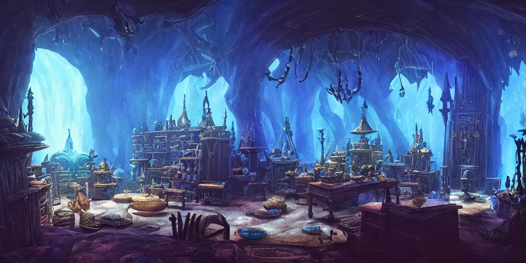 Prompt: interior of a dark wizards sanctum, blue light, cluttered with magical objects, spell books, potions, dramatic lighting, epic composition, wide angle, by miyazaki, nausicaa ghibli, breath of the wild