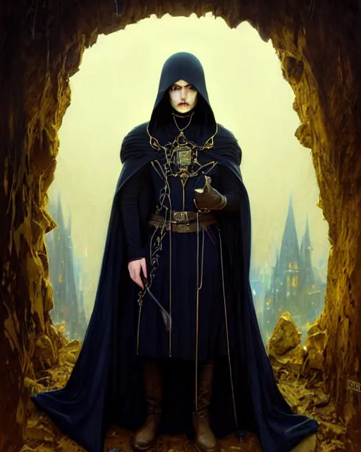 Image similar to handsome mage looking into the distance, long black hair wearing leather mantle gothic navy cloak with gold details, cave town, fantasy character portrait, hyperrealism, concept art, intricate details, highly detailed by greg rutkowski, ilya kuvshinov, gaston bussiere, craig mullins, simon bisley