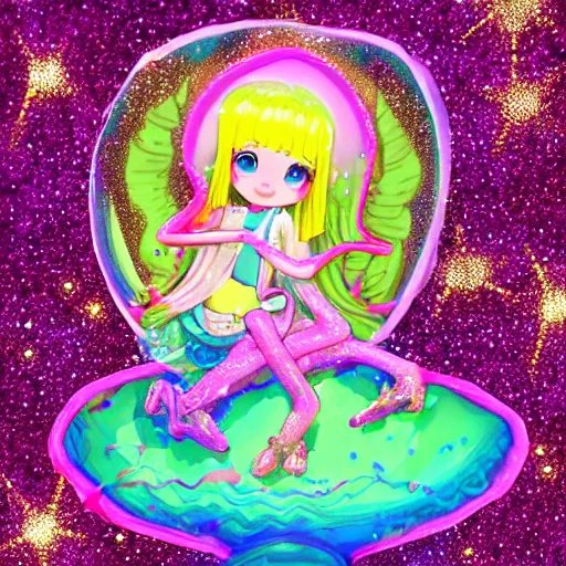 Image similar to angel in disguise, slimy slime drenched skinny divine holy androgynous being of glitter glue, pastel cute slime, 3 d polygon ui of neon ornamental rococo frames, maximalist decora sanrio pixiv pixar concept art