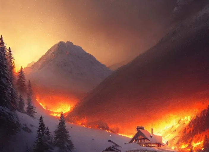 Image similar to mountain chalet covered in fire, smoke, sunrise, snow, sharp details, sharp focus, elegant, highly detailed, illustration, by Jordan Grimmer and greg rutkowski and PiNe(パイネ) and 薯子Imoko and 香川悠作 and wlop and maya takamura, intricate, beautiful, Trending artstation, pixiv, digital Art