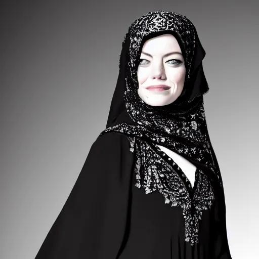 Image similar to A portrait of Emma Stone wearing a Black Arabian abaya , high quality, fully detailed, 4k