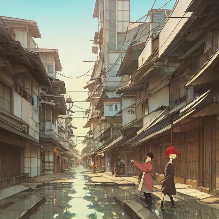 Image similar to empty japanese city, spring, in the style of studio ghibli, j. c. leyendecker, greg rutkowski, artem