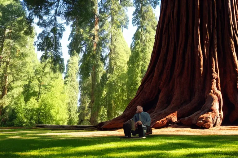 Prompt: a small figure of a man sitting under giant sequoia tress, tranquil, silent, solemn, photo realistic, minimalist