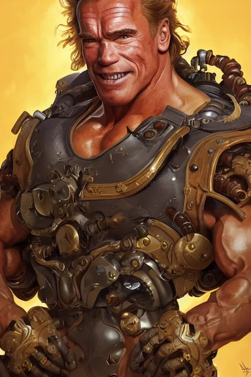 Image similar to portrait of arnold schwarzenegger as junkrat from overwatch, full body, fantasy, intricate, elegant, highly detailed, digital painting, artstation, concept art, sharp focus, illustration, art by artgerm and greg rutkowski and alphonse mucha