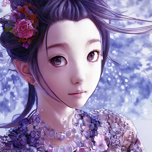 Image similar to the portrait of a blueberry that resembles an absurdly beautiful, graceful, elegant, sophisticated anime japanese girl, an ultrafine hyperdetailed illustration by kim jung gi, irakli nadar, intricate linework, bright colors, octopath traveler, final fantasy, unreal engine 5 highly rendered, global illumination, radiant light, detailed and intricate environment