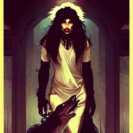 Image similar to a male werewolf, illustration, thriller atmosphere, art by artgerm and greg rutkowski and alphonse mucha