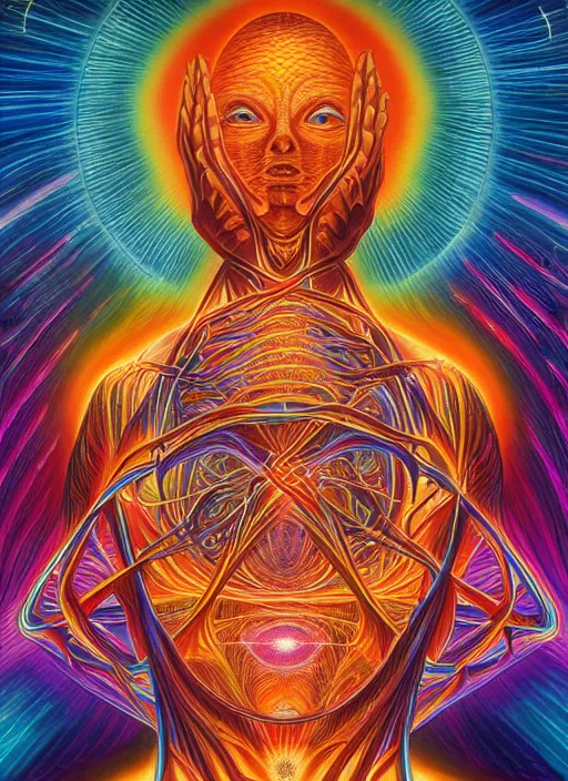 Image similar to humankind transcendence into collaborative intelligence, group intelligence, ai, by alex grey, album cover, award winning, beautiful, colorful, volumetric lighting, trending on artstation