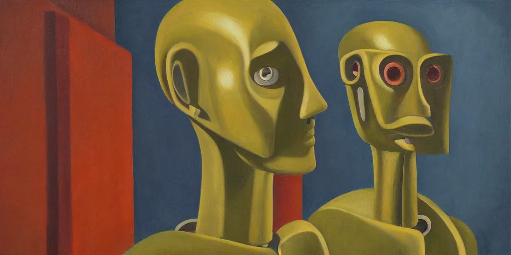 Image similar to robot portrait, visage, expressive, grant wood, pj crook, edward hopper, oil on canvas