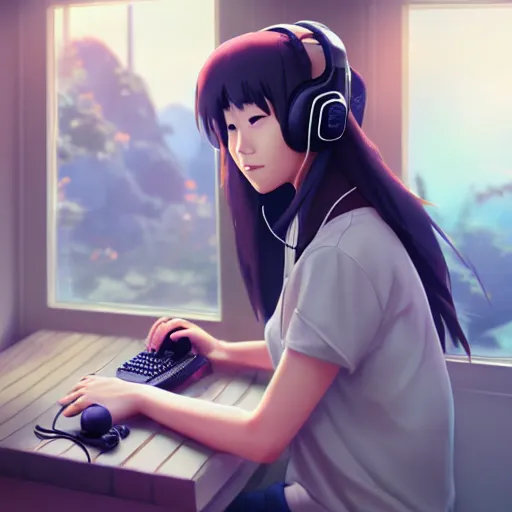 Prompt: beautiful young asian woman with long hair, with gaming headset, cute, playing on a comuter, realistic, detailed, cel shaded, in the style of makoto shinkai and greg rutkowski and james gurney