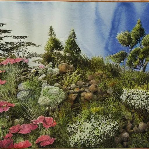 Image similar to delicate coastline mountain garden on paper, stony, puffy, botanical herbarium, botanic watercolors, iridescent, 8 k wide angle, realistic shaded, fine details, artstation, italian, colonnade, oak tree, pinecone, pomegranade, hydrangea, vines, gardena architecture, pompeian