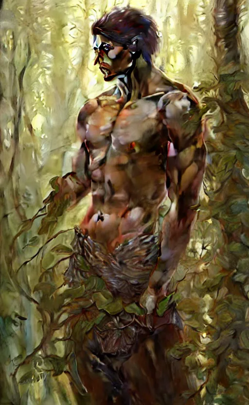 Prompt: young god of the forest, male, gorgeous, detailed face, clear face, amazing, muscular, intricate, highly detailed, digital painting, artstation, concept art, sharp focus, illustration, art by greg rutkowski and alphonse mucha