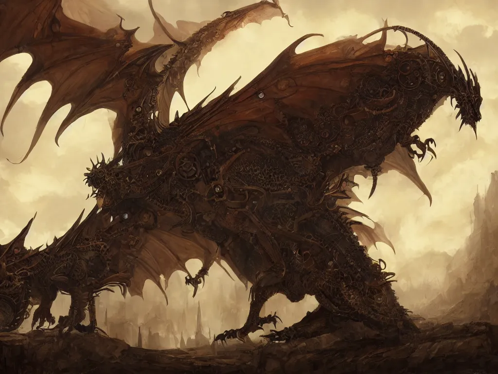 Image similar to an intimidating steampunk dragon with feathers all around it body, painting, digital art by greg ruthowski and raphael lacoste and andreas rocha, trending on artstation, 8 k, wallpaper