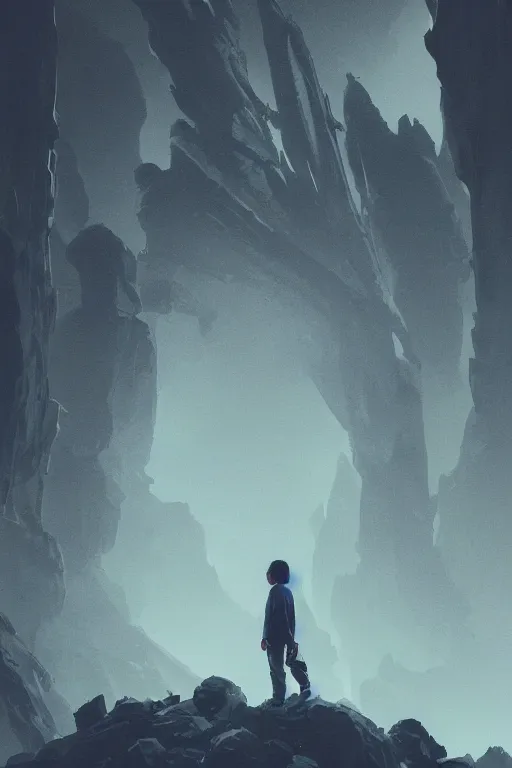 Image similar to A small person standing before a giant by Greg Rutkowski, beeple, Sung Choi, Mitchell Mohrhauser, Maciej Kuciara, Johnson Ting, Maxim Verehin, Peter Konig, final fantasy, macro lens, 35mm, 8k photorealistic, cinematic lighting, HD, high details, dramatic, dark atmosphere, trending on artstation