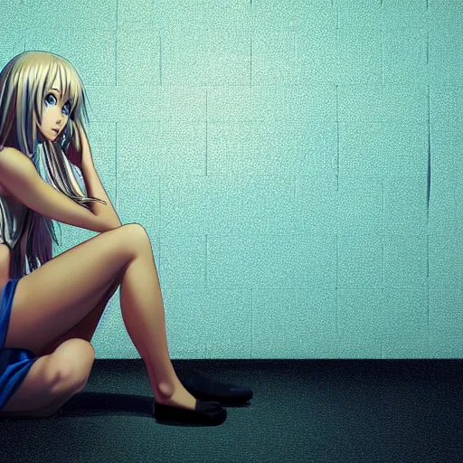 Prompt: a very beautiful young anime girl sitting in a dark prison cell, full body, long wavy blond hair, sky blue eyes, full round face,, shiny golden bikini, miniskirt, front shot, sitting in a dark prison cell, highly detailed, cinematic wallpaper by stanley artgerm lau
