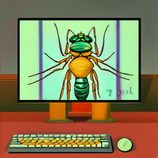 Image similar to a detailed pastel painting of a bug insect wearing a business suit and working behind the computer in the office. digital art, trending on artstation, 8k, hyper realistic in the style of Grant Wood