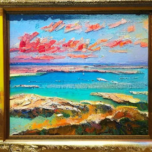 Image similar to rottnest island, modern, impressionist, highly textured landscape, palette knife, layered, sculptured, dynamic, oil on canvas