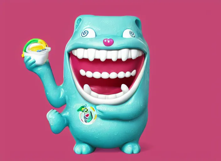 Prompt: Colgate Sanrio creature with a big smile, toothpaste blast, 3D physical tactile illustration vintage, toothpaste advertisement poster printed CMYK ink colored lithography, big smiling perfect teeth shiny porous skin, fluid toothpaste covering everything