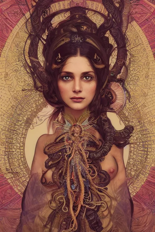 Image similar to an immaculate render of a tribal goddess adorned with leaves and cables and bird wings posing in a temple surrounded by wild tentacles made from mandalas and incense smoke, full body, perfect face, powerful, cinematic, beautifully lit, by artgerm, by alphonse mucha, by karol bak, 3 d, trending on artstation, octane render, 8 k