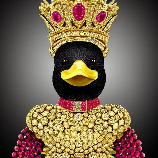 Prompt: King duck sitting on a gold throne decorated with many rubies and diamonds, duck is wearing a gold crown and gold necklace, super realistic, 4k