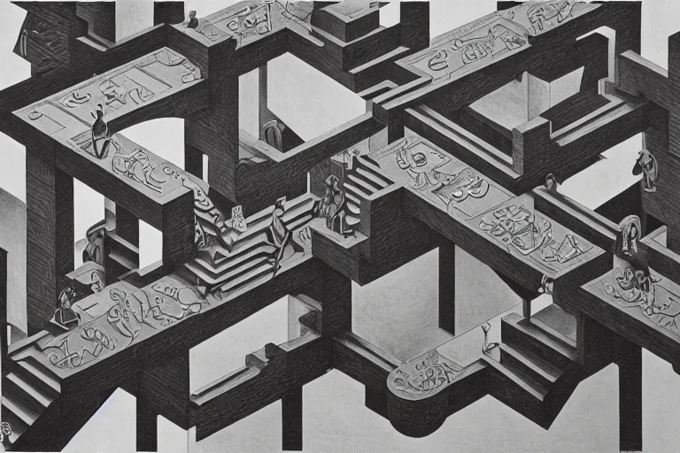 Image similar to M. C. Escher, Relativity. Lithograph.