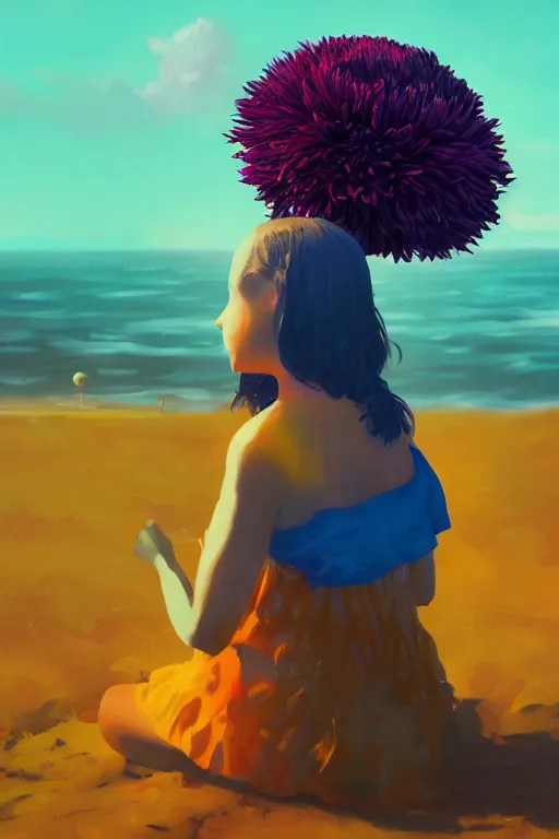 Image similar to closeup giant dahlia flower head, girl sitting on beach, surreal photography, blue sky, sunrise, dramatic light, impressionist painting, digital painting, artstation, simon stalenhag