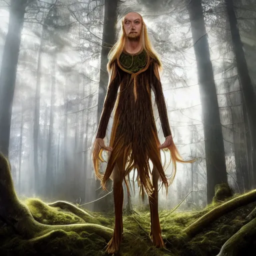 Prompt: A tall slim male wood elf fungus druid posing in a mystical forest, long blonde hair, fungi, glowing, wooden armor, magical, fantasy, medieval, highly detailed, dynamic lighting, cinematic, dramatic, sharp focus, focus on face, masterpiece, trending on artstation, concept art, digital painting