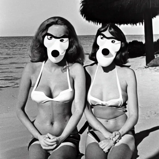 Image similar to 1969 twin women on tv show wearing an inflatable mask long prosthetic snout nose with googly eyes, soft color wearing a swimsuit at the beach 1969 color film 16mm holding a hand puppet Fellini John Waters Russ Meyer Doris Wishman old photo